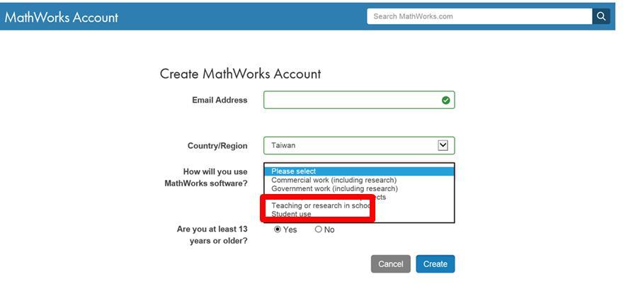 MathWorks 建立帳號畫面，包含 Email 與使用身分欄位