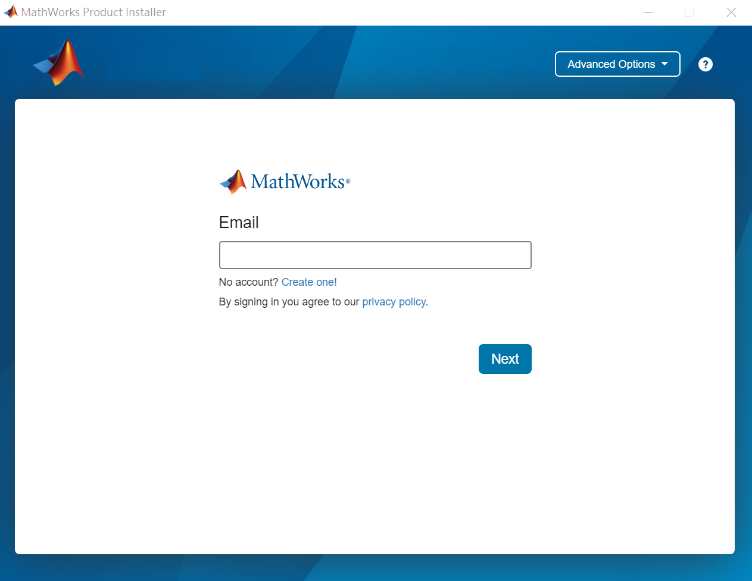 MATLAB 安裝精靈的 MathWorks Email 登入畫面