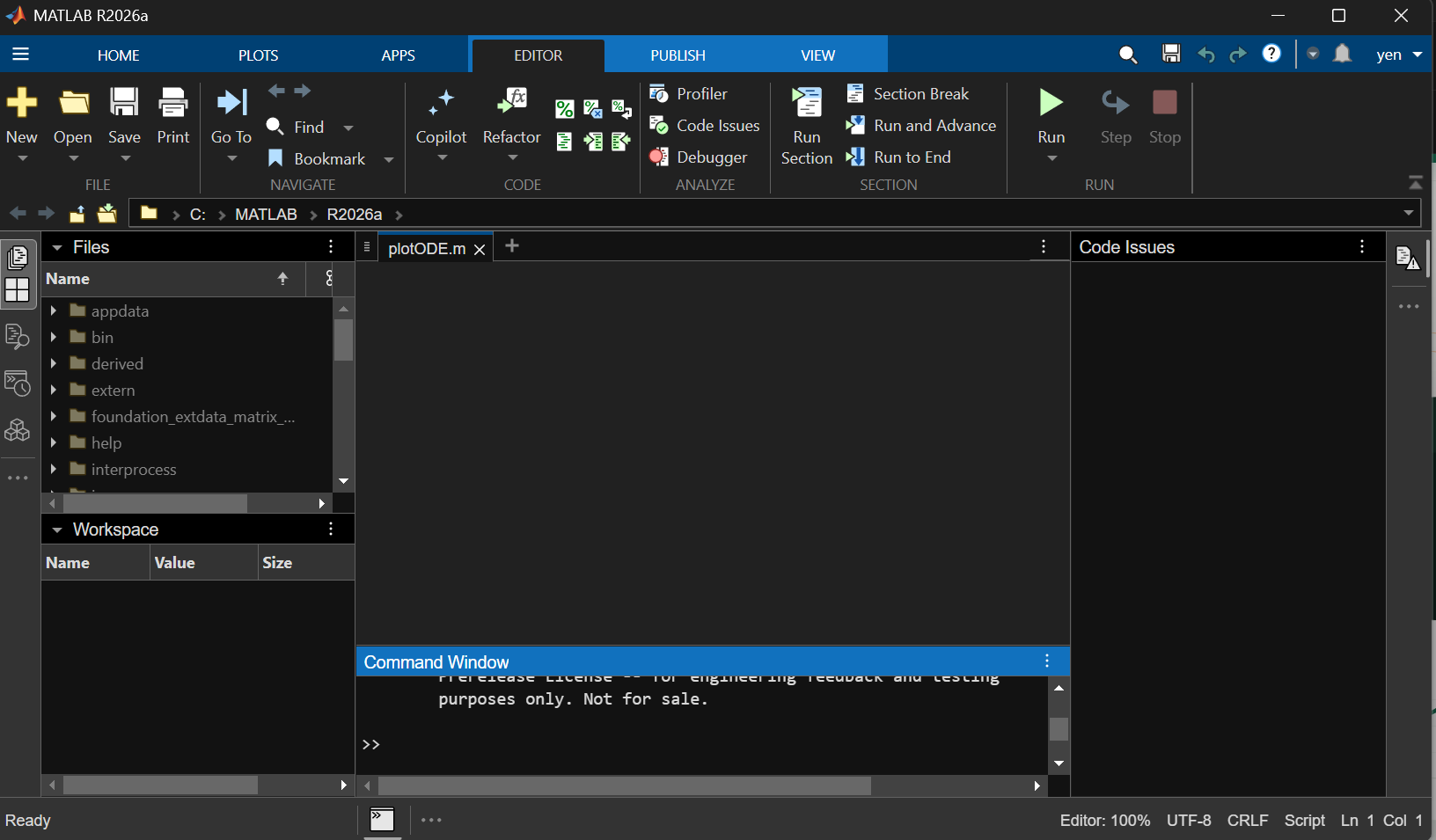MATLAB 操作介面，包含編輯器、Files、Workspace 與 Command Window